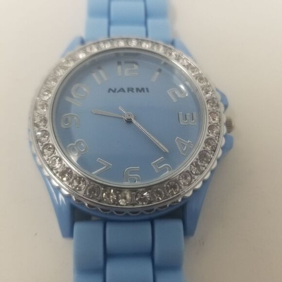 Narmi Blue Rubber Strap & Face Gemmed Bezel Easy To Read Numbers Women's Watch - Picture 3 of 12